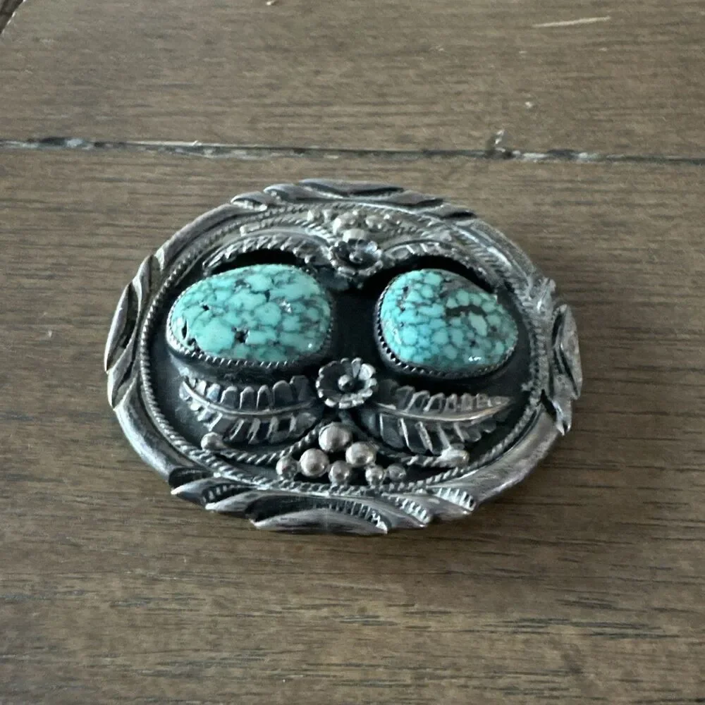 VTG Navajo Sterling Silver Bolo Slide 53g Morenci Blue Turquoise Double Stone